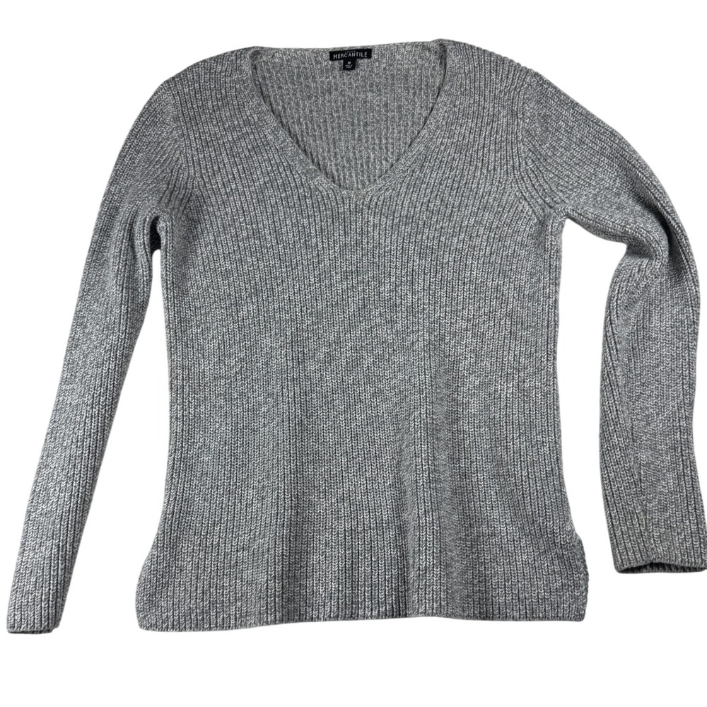 J.Crew Mercantile Women Sweater Medium Gray Cotton Blend Knit V Neck Long Sleeve